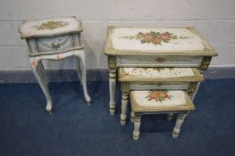A FRENCH STYLE PAINTED NEST OF THREE TABLES, the largest table width 70cm x depth 45cm x height 61cm