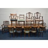 A REPRODUCTION BURR WOOD TWIN PEDESTAL DINING TABLE, with two additional leaves, extended length