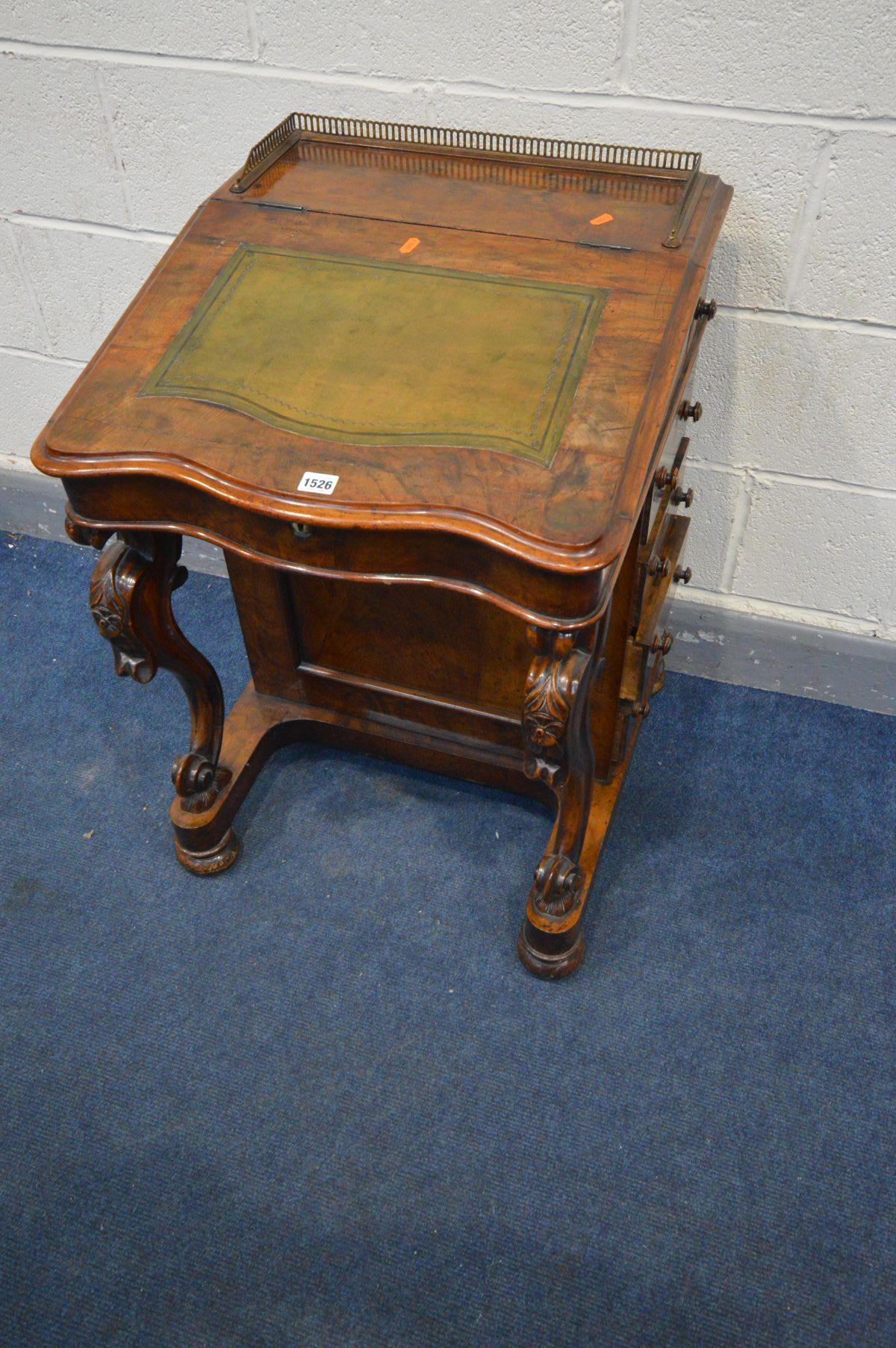 A VICTORIAN WALNUT DAVENPORT, brass gallery to top, a hinged leather tooled inlay lid enclosing a - Image 2 of 4