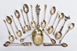 A SELECTION OF SILVER FLATWARE, to include a set of five Hanoverian teaspoons, each hallmarked '