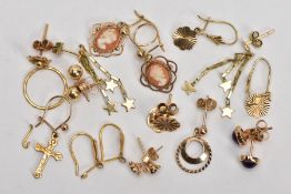 A SELECTION OF EARRINGS, to include a pair of floral earrings, post and scroll fittings, approximate