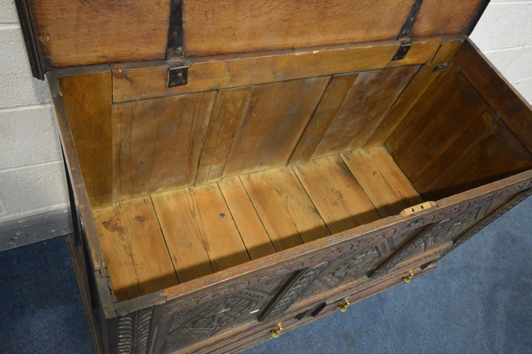 A 19TH CENTURY OAK MULE CHEST, three carved panels above two drawers, width 124cm x depth 52cm x - Image 4 of 4