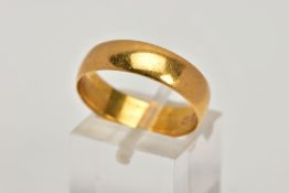 A 22CT GOLD BAND RING, plain polished design, approximate width 5.7mm, ring size P 1/2 centre,