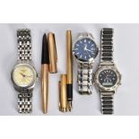 THREE GENTLEMENS WRISTWATCHES AND TWO PENS, to include a vintage Mont Blanc Noblesse gold plated