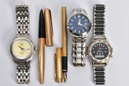 THREE GENTLEMENS WRISTWATCHES AND TWO PENS, to include a vintage Mont Blanc Noblesse gold plated