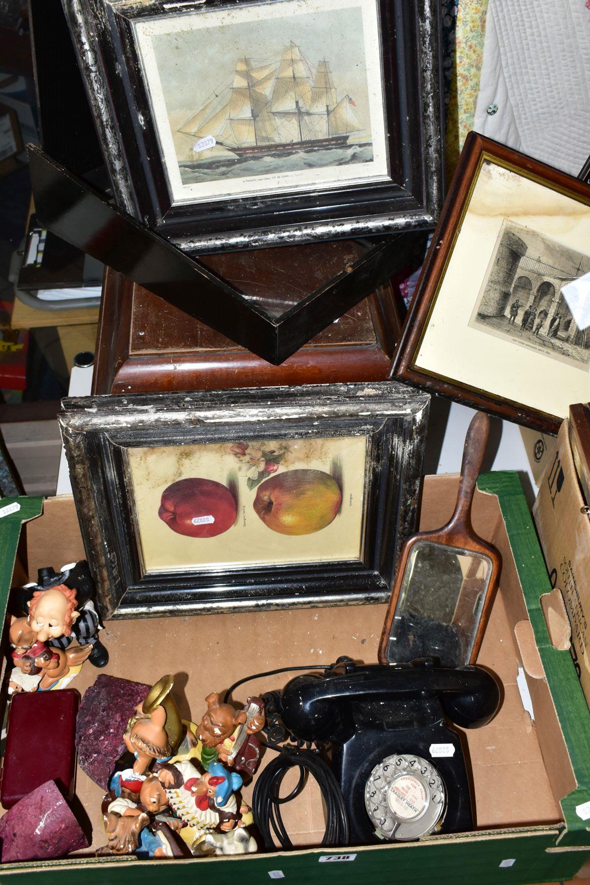 TWO BOXES AND LOOSE PICTURES, ORNAMENTS, VINTAGE TELEPHONE AND GRAMOPHONE, ETC, to include an