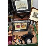 TWO BOXES AND LOOSE PICTURES, ORNAMENTS, VINTAGE TELEPHONE AND GRAMOPHONE, ETC, to include an