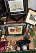 TWO BOXES AND LOOSE PICTURES, ORNAMENTS, VINTAGE TELEPHONE AND GRAMOPHONE, ETC, to include an