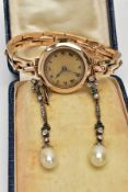 A LADIES 9CT GOLD WRISTWATCH AND A PAIR OF DROP EARRINGS, the watch with a hand wound movement,