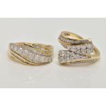 TWO 9CT GOLD DIAMOND RINGS, the first of cross over tapered design set with brilliant and single cut