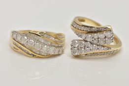 TWO 9CT GOLD DIAMOND RINGS, the first of cross over tapered design set with brilliant and single cut