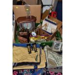 THREE BOXES OF CLOCKS, METALWARES, LUGGAGE, KITCHENALIA, ETC, including coasters, place mats, tin of