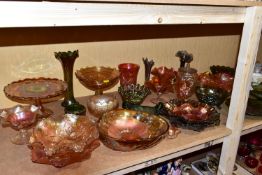 AN ASSORTMENT OF CARNIVAL GLASS, to include bowls, vases, bon bon dishes, cake stand, jug etc,