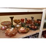 AN ASSORTMENT OF CARNIVAL GLASS, to include bowls, vases, bon bon dishes, cake stand, jug etc,