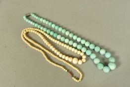 TWO GEM BEAD NECKLACES, both graduated necklaces, the first a dyed quartz bead necklace, the