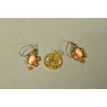 A PAIR OF 9CT GOLD CAMEO DROP EARRINGS AND A YELLOW METAL OPENWORK PENDANT, the earrings of an