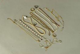 A SELECTION OF JEWELLERY, to include a yellow-coloured metal line bracelet, set with oval cut