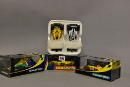 FIVE BOXED AND PART BOXED SCALEXTRIC F1 RACING CARS, boxed Jordan Mugan Honda No.9 (C2126), No.10 (