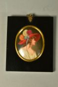 A HUTSCHENREUTHER OVAL PORCELAIN PLAQUE OF A LADY IN AN EBONISED FRAME, printed title verso Mrs