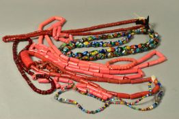 A SELECTION OF NECKLACES AND BRACELETS, to include two millefiori glass bead necklaces, four glass