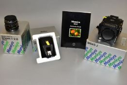A MAMIYA 645J MEDIUM FORMAT CAMERA IN BOX with a Prism Viewer and a Standard Viewer, a boxed Sekor C