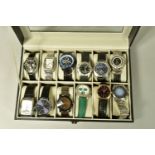 A WATCH DISPLAY CASE WITH WATCHES, a black and glass panelled watch display case, with twelve