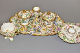 THREE PIECES OF MID 19TH CENTURY COALBROOKDALE STYLE FLORAL ENCRUSTED PORCELAIN, comprising a wavy