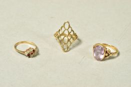 THREE RINGS, the first a 9ct gold ring with pierced diamond shape panel to the front, ring size P,