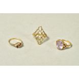 THREE RINGS, the first a 9ct gold ring with pierced diamond shape panel to the front, ring size P,