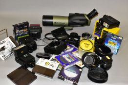 A TRAY CONTAINING CAMERA AND OPTICAL EQUIPMENT including a Celestron Unima 65 spotting scope,