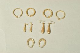 FIVE PAIRS OF EARRINGS, to include three pairs of hoop earrings and two pairs of tapered drop