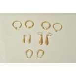 FIVE PAIRS OF EARRINGS, to include three pairs of hoop earrings and two pairs of tapered drop