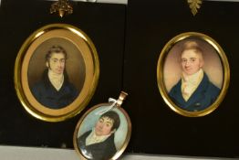 THREE EARLY 19TH CENTURY PORTRAIT MINIATURES OF GENTLEMEN, the smallest in an oval gold plated frame