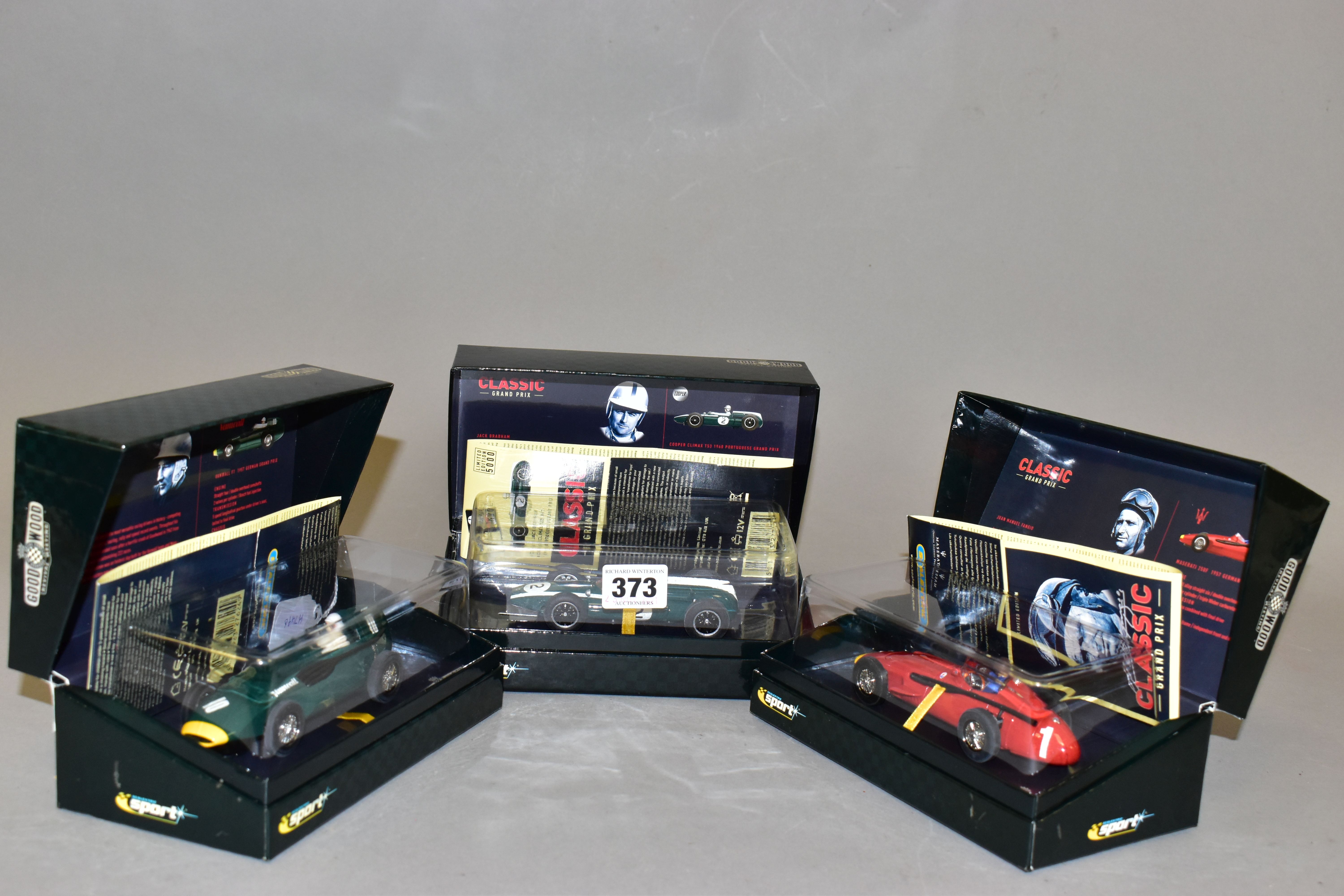 THREE BOXED SCALEXTRIC LIMITED EDITION CLASSIC GRAND PRIX GOODWOOD REVIVAL MEETING F1 RACING CARS,