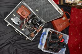 A TRAY AND TWO CASES CONTAINING VINTAGE FILM SLR CAMERAS including a Kiev 4A with a 50mm f2 lens and