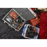 A TRAY AND TWO CASES CONTAINING VINTAGE FILM SLR CAMERAS including a Kiev 4A with a 50mm f2 lens and