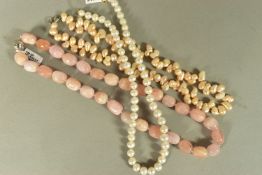 THREE NECKLACES, to include a rose quartz bead necklace and two cultured pearl necklaces