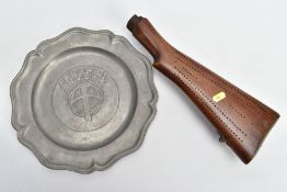 A LARGE BELGIUM VETERANS P.O.W. PEWTER PLATE AND CRIBBAGE SCOREBOARD, the plate is approximately