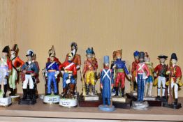 VARIOUS PORCELAIN AND RESIN MILITARY FIGURES, to include a Rudolstadt Volkstedt figure (rifle broken