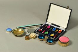 A SELECTION OF SILVERWARE AND OTHER PIECES, to include a small Russian silver gilt bowl with blue