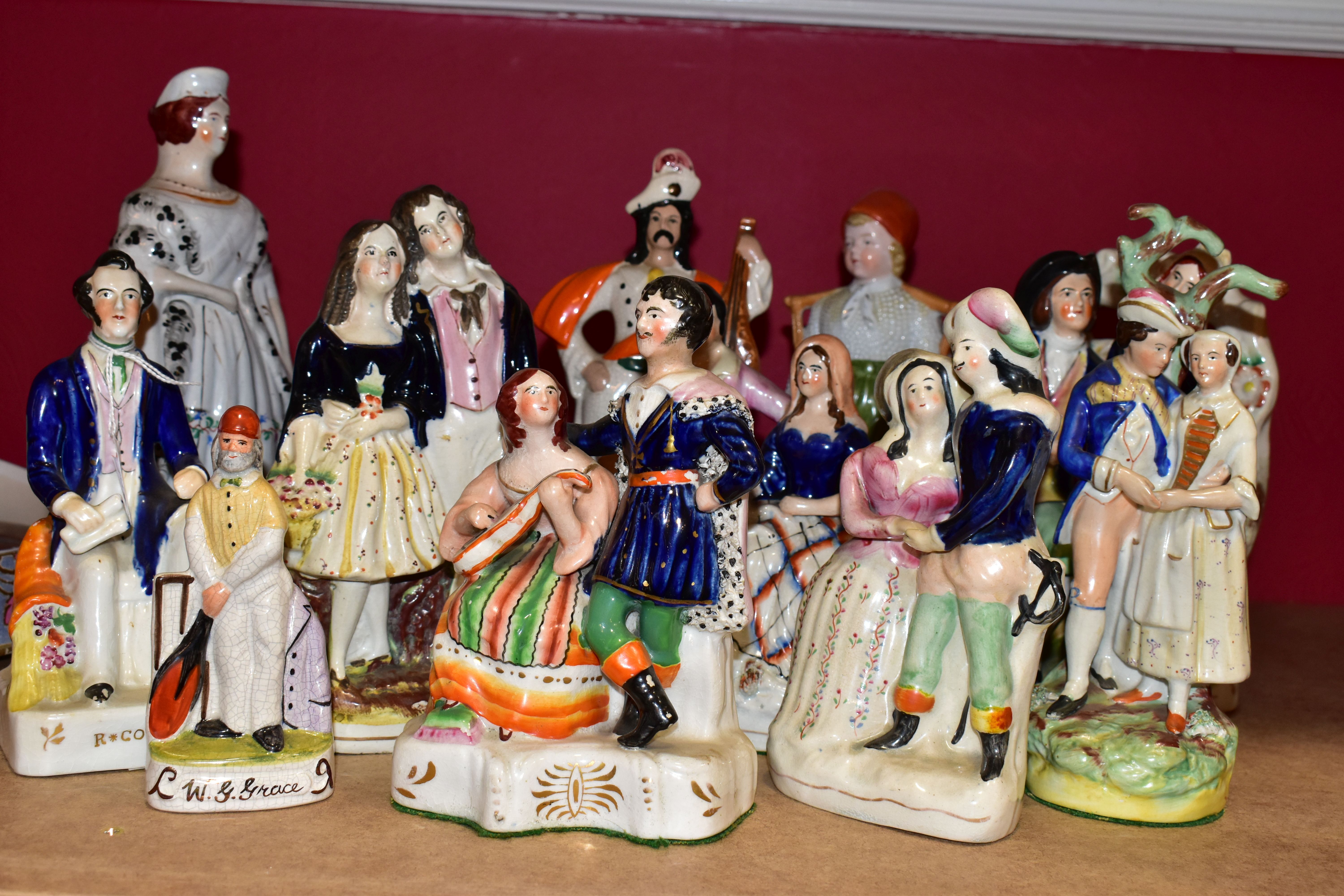 A GROUP OF STAFFORDSHIRE FIGURE GROUPS AND FIGURES AND OTHER SIMILAR FIGURES, including R.Cobden,
