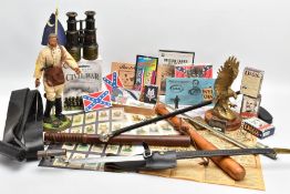 A BOX CONTAINING AMERICAN CIVIL WAR INTEREST ITEMS to include two replica Civil War bayonets,