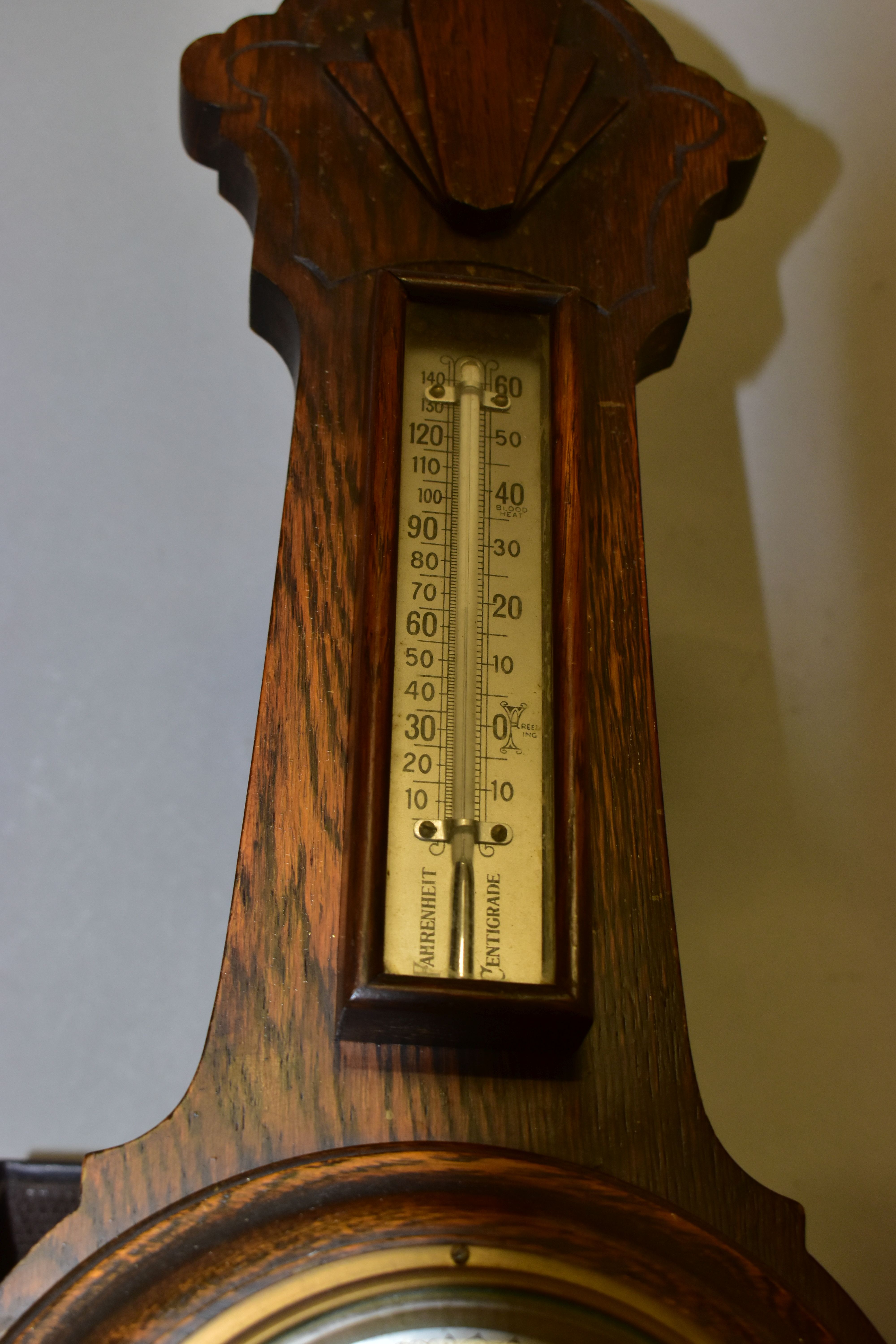 AN OAK ANEROID WHEEL BAROMETER, having mercury Fahrenheit and centigrade thermometer by Barker & - Image 2 of 4