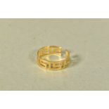 AN 18CT GOLD 'GREEK KEY' RING, plain polished design, split shank, with Cypriot 18ct gold