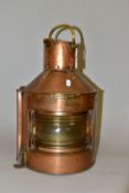 A COPPER SHIPS LANTERN, Bow Port Patt 23. converted for electricity, having brass fittings, standing