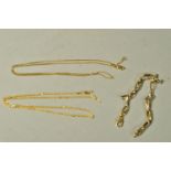 TWO CHAIN NECKLACES AND A BRACELET, the bracelet of a fancy link, AF, stamped 375, length 190mm,