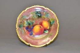 A ROYAL WORCESTER FRUIT STUDY TEA PLATE, silver shape with gilt rim, painted with pears and