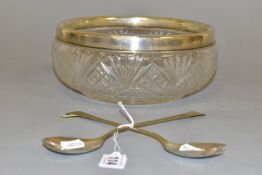 A GEORGE V SILVER RIMMED CUT GLASS SALAD BOWL, hallmarked for maker Docker & Burn Ltd, Birmingham