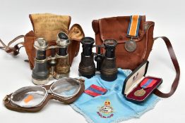 A BOX CONTAINING VARIOUS MILITARY RELATED ITEMS AS FOLLOWS, two small pairs of Binoculars, one