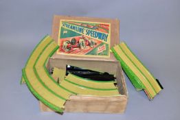 A BOXED LOUIS MARX (GREAT BRITAIN) TINPLATE CLOCKWORK 'STREAMLINE' SPEEDWAY E50 RACING SET, in